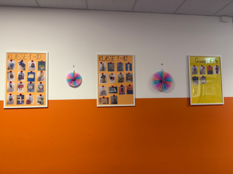 Foto: Mehrere Bilderrahmen an einer rot-weißen Wand, die Bilder der ausleihbaren Spielzeuge zeigen
